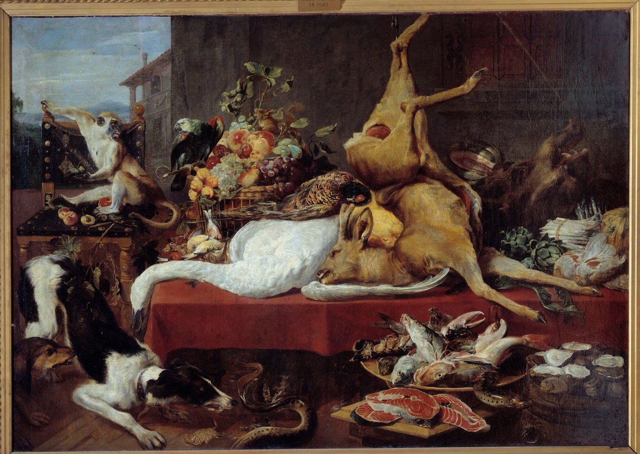 Stilleben med rådjur Vilt (fasan, gås, rådjur), skiva fisk, krabba, baljväxter. målning av Frans Snyders (1579-1657) av Frans Snyders