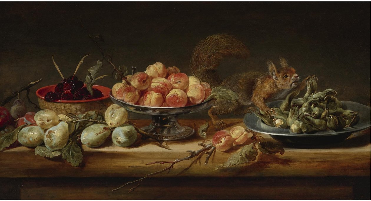 Stilleben med persikor i en Tazza, hasselnötter på en tennplatta, hallon i en korg, med päron och en ekorre på ett bord
olja på pannå av Frans Snyders