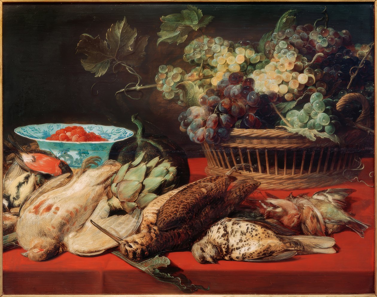 Stilleben - korg med vindruvor, fåglar och jordgubbar av Frans Snyders