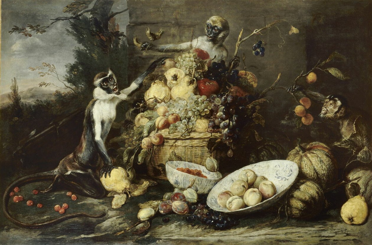 Tre apor stjäl frukt, med utsikt över ett landskap av Frans Snyders