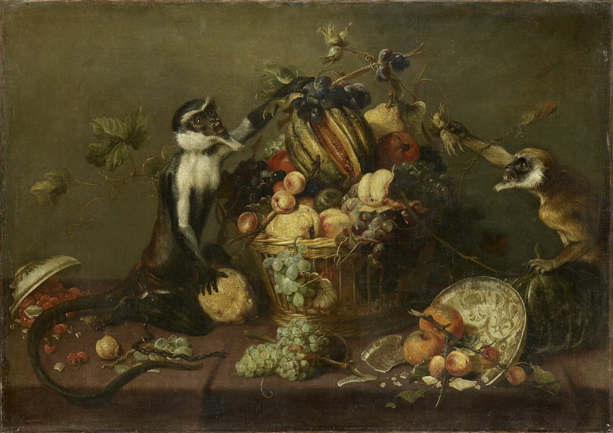 Två apor plundrar en fruktkorg av Frans Snyders