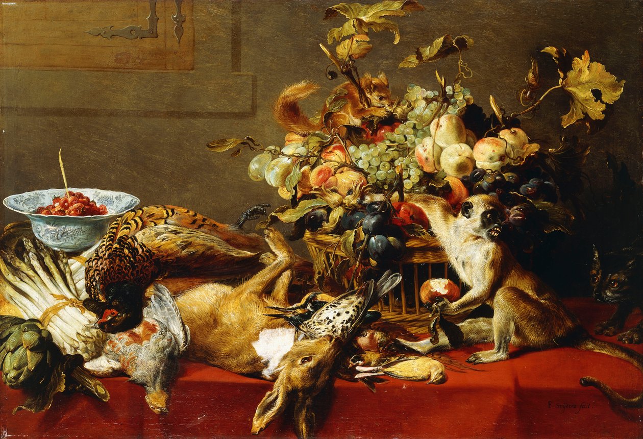 En fruktkorg på ett draperat bord med dött vilt och en apa, av Frans Snyders or Snijders