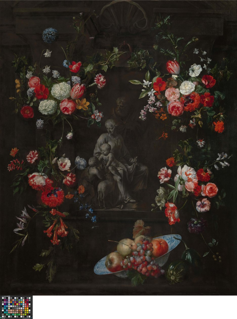 Blomsterkrans med den heliga familjen av Frans Ykens
