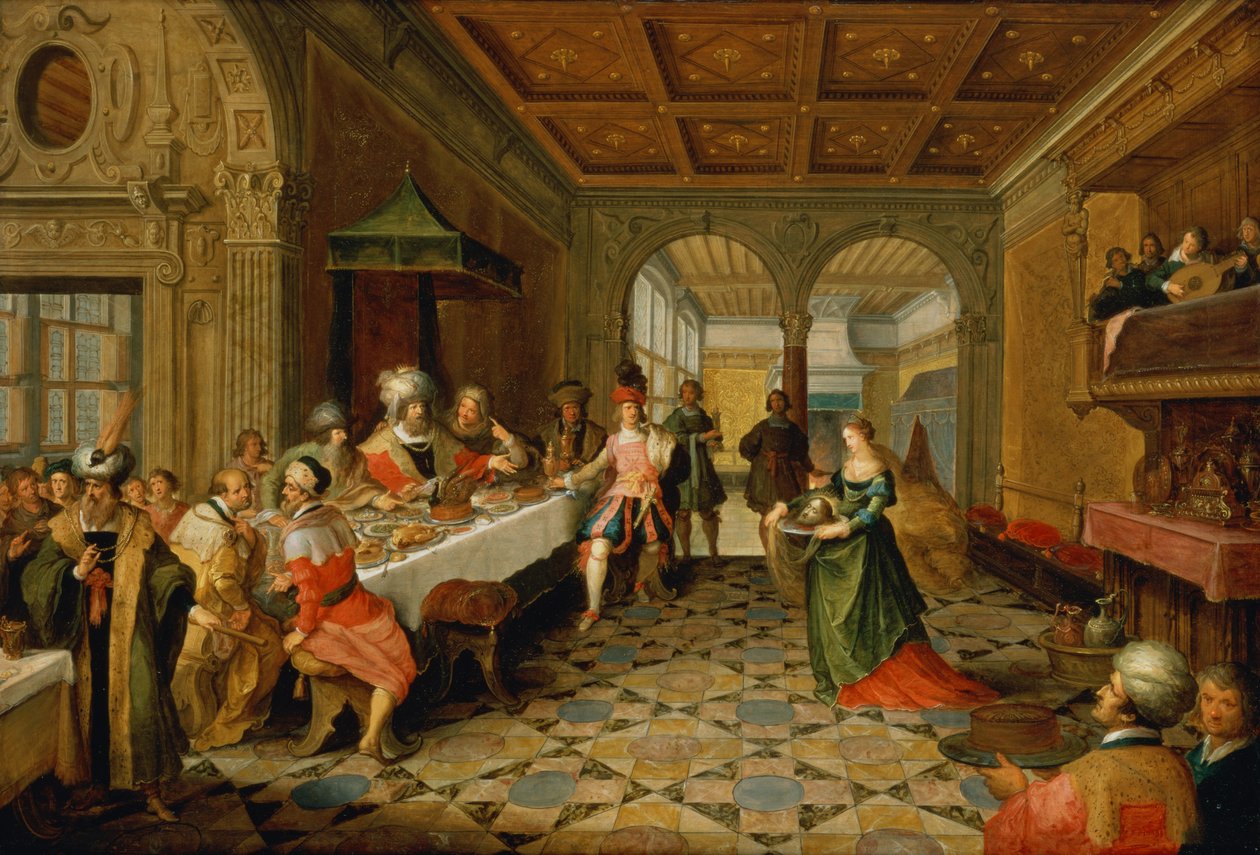 Salome præsenterer St. Johannes Døberens hoved for kong Herodes swed av Frans and Vries, Paul V. de Francken