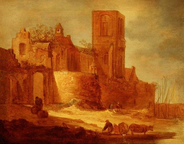 Ett förstört kloster vid en vattenväg med bönder och boskap i förgrunden av Frans de Hulst