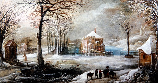 Ett vinterlandskap med figurer och hästar (olja på duk) av Frans de Momper