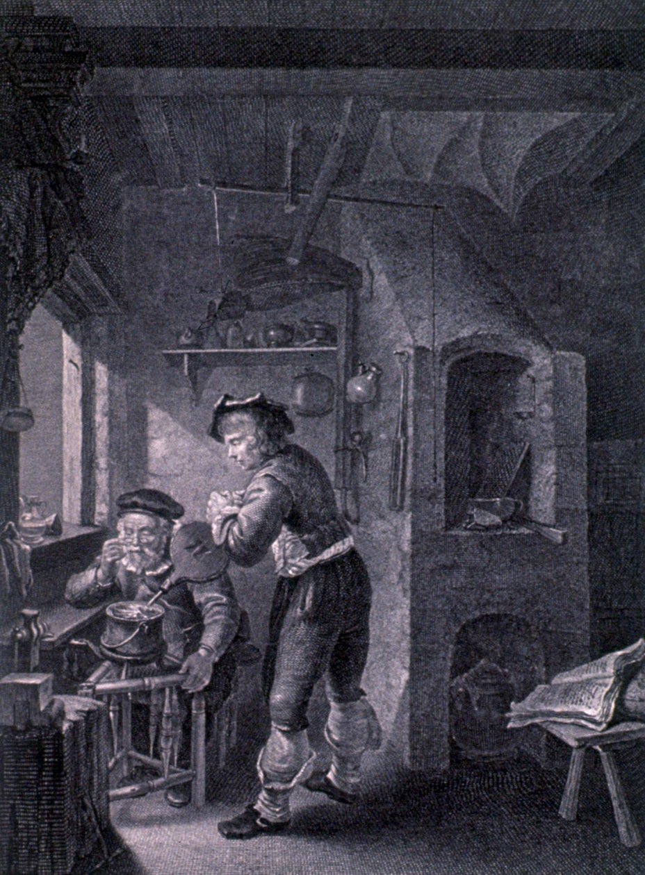 Ett 1600-talslaboratorium av Frans van (after) Mieris
