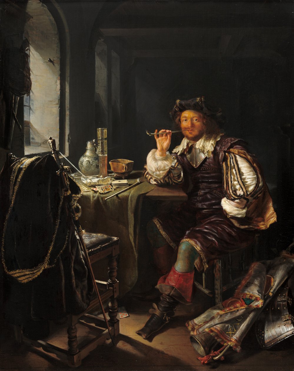 En soldat som röker en pipa, ca. 16571658. av Frans van Mieris