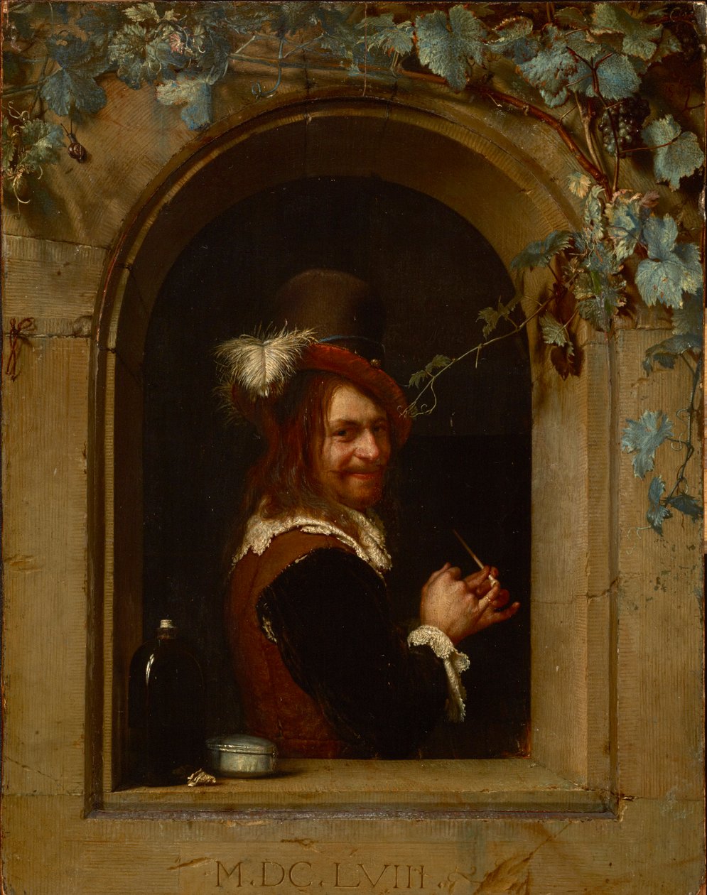 Man with a pipe at a window - Man with a pipe at a window, av Mieris, Frans van Mieris de Oudere eller den äldre (1635-1681). Olja på trä, ca 1658. Storlek: 20x15,5 cm. Brukenthal Nationalmuseum, Sibiu av Frans van Mieris