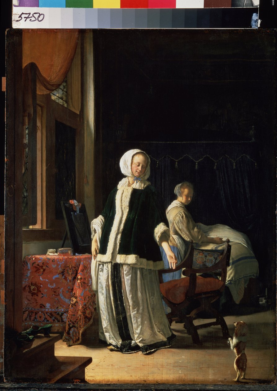 En ung kvinnas morgon. (En ung dams morgon). En kvinna och hennes hembiträde observerar en hund som putsar. Målning av Frans van Mieris de Oudere känd som Frans Mieris den äldre eller den äldre (1635-1681), cirka 1660. Olja på trä. holländsk konst, sty av Frans van Mieris
