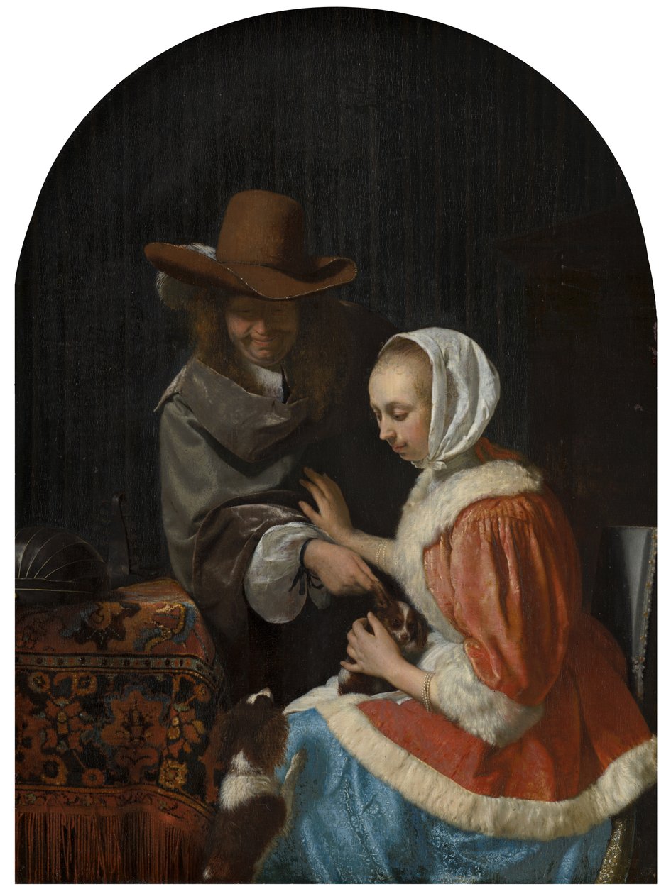 Man och kvinna med två hundar, känd som "Teasing the Pet", 1660 av Frans van Mieris