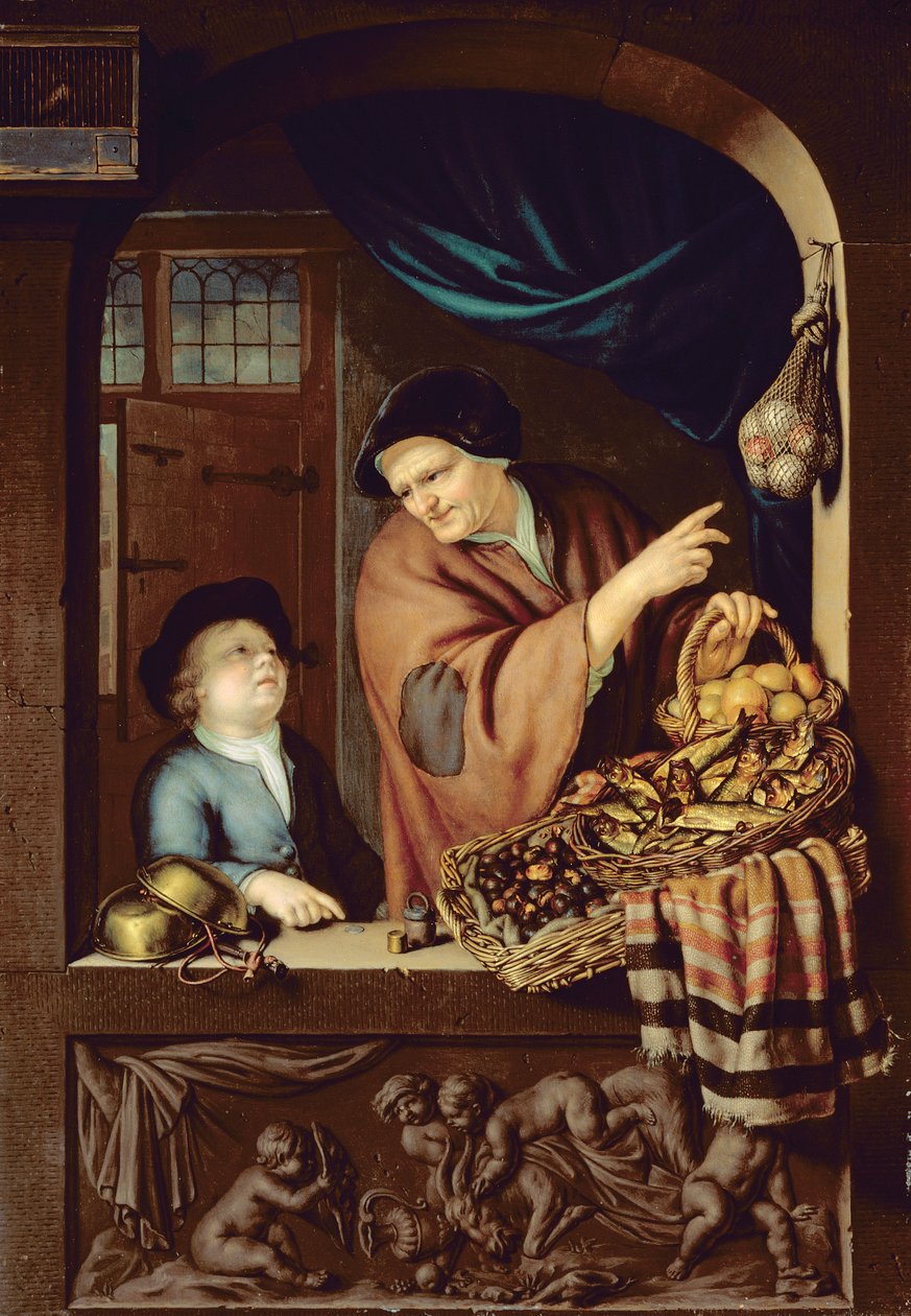 The Chesnut and Kipper Seller, 1722 (olja på ek) av Frans van Mieris