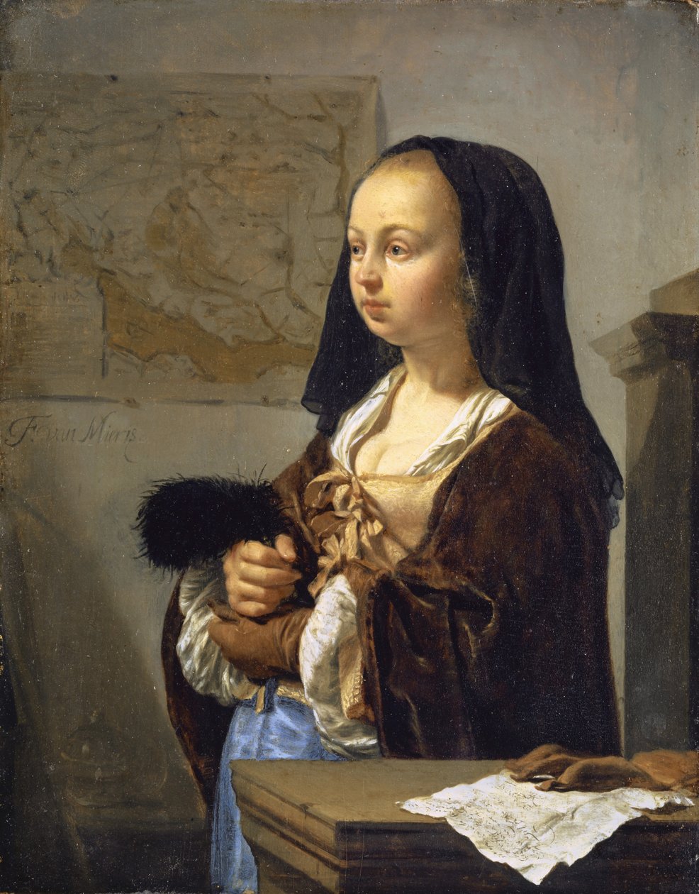 Ung kvinna med fjäderfläkt beredd att gå ut, 1657-59 av Frans van Mieris