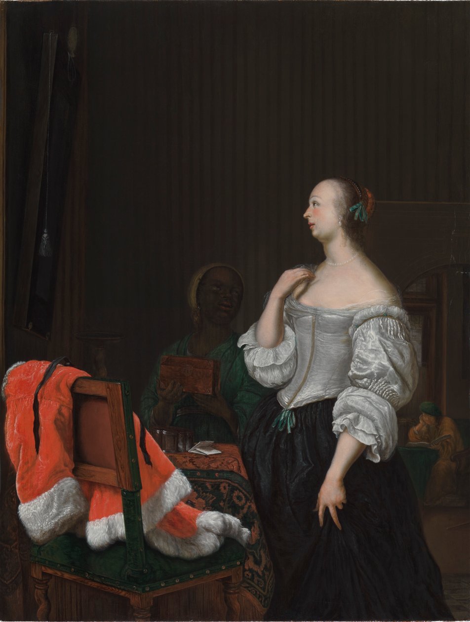 En kvinna står framför en spegel av Frans van Mieris the Elder