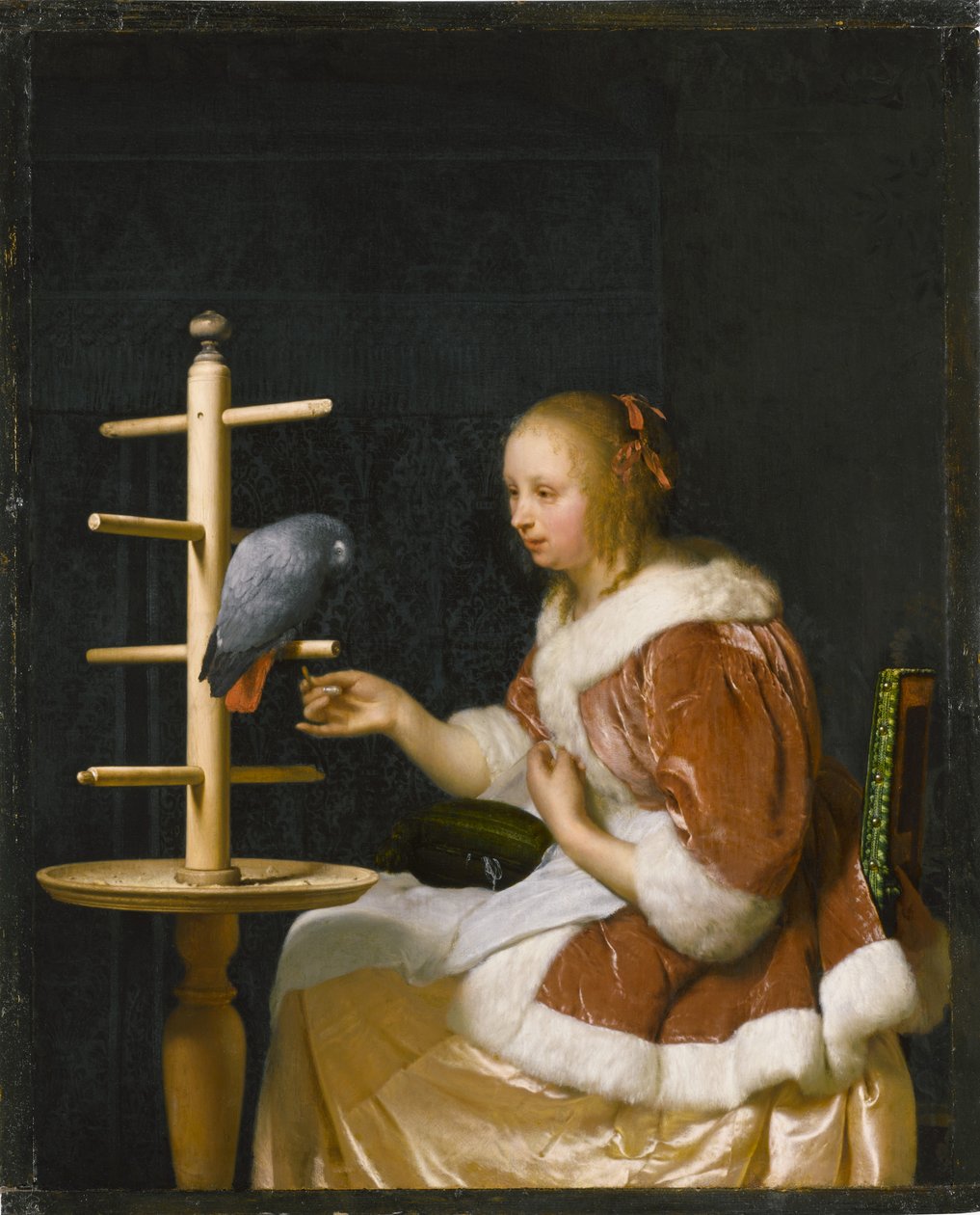 Ung kvinna som matar en papegoja, 1663. av Frans van Mieris the Elder