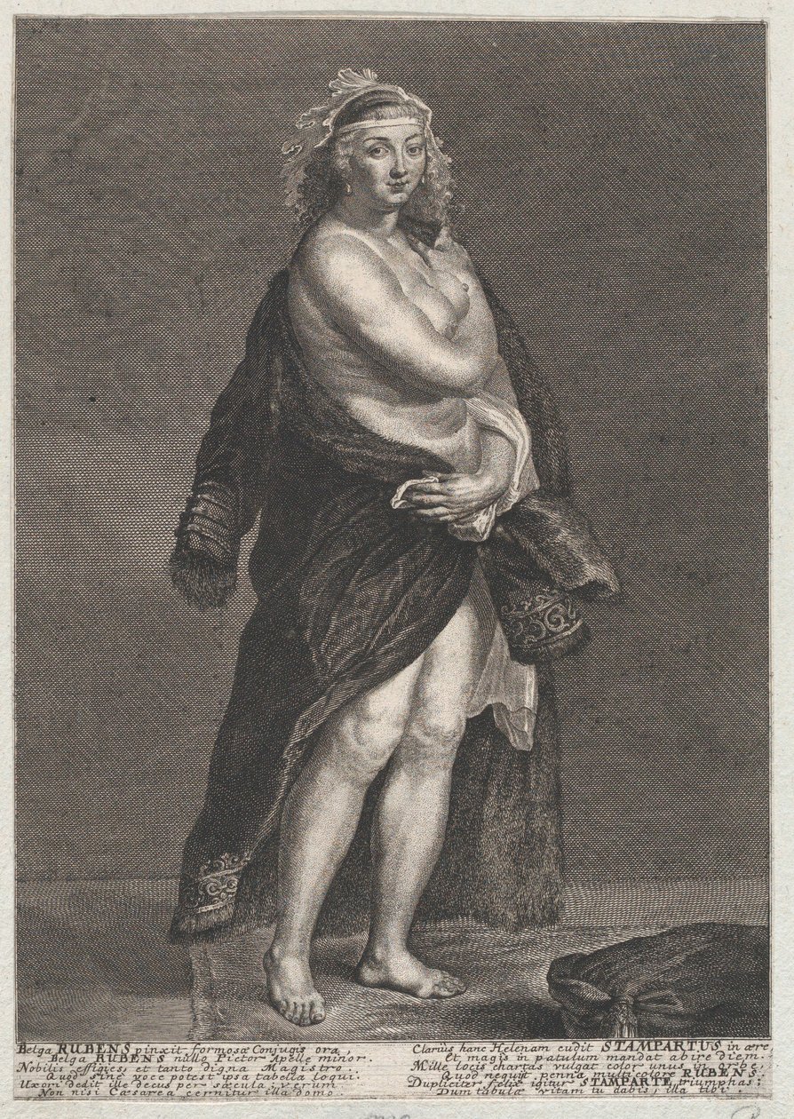 Porträtt av Helena Fourment, Rubens andra hustru, klädd i en päls över axlarna, 1728., 1728 av Frans van Stampart