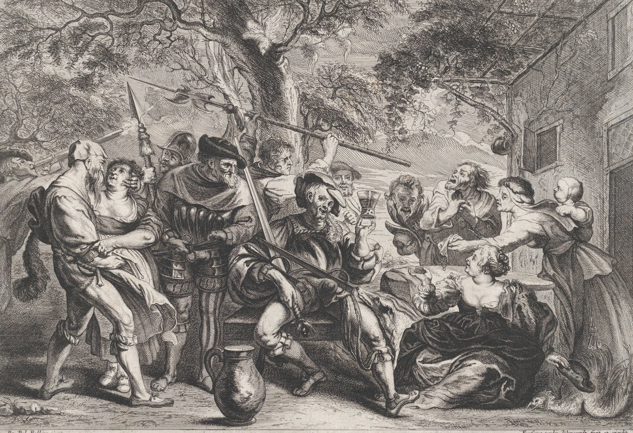 Don Quijote och trupperna från La Santa Hermandad utanför en taverna, ca. 1635-79. av Frans van den Wyngaerde