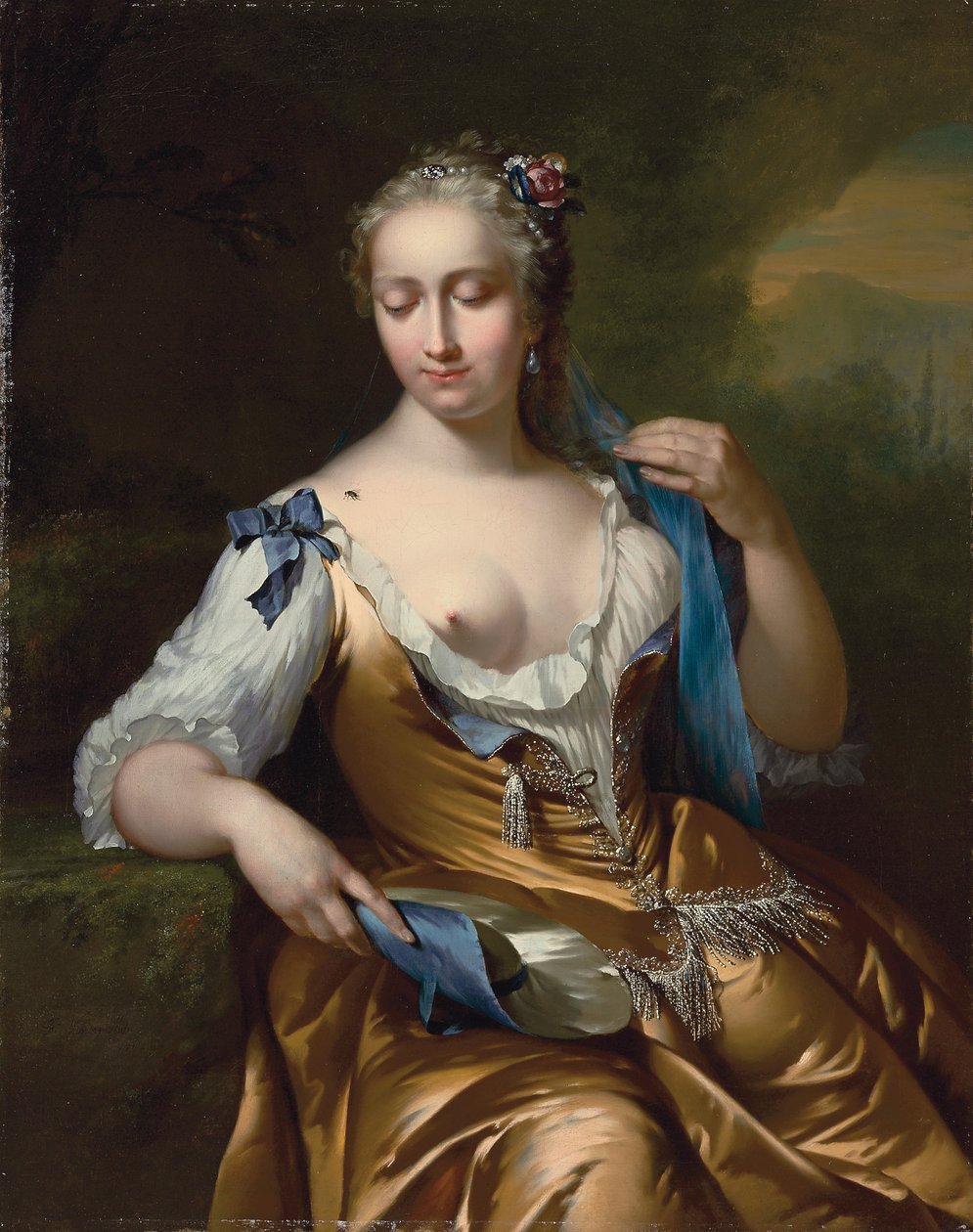 Dam i ett landskap med en fluga på axeln: en allegori om beröring, 1742 av Frans van der Mijn