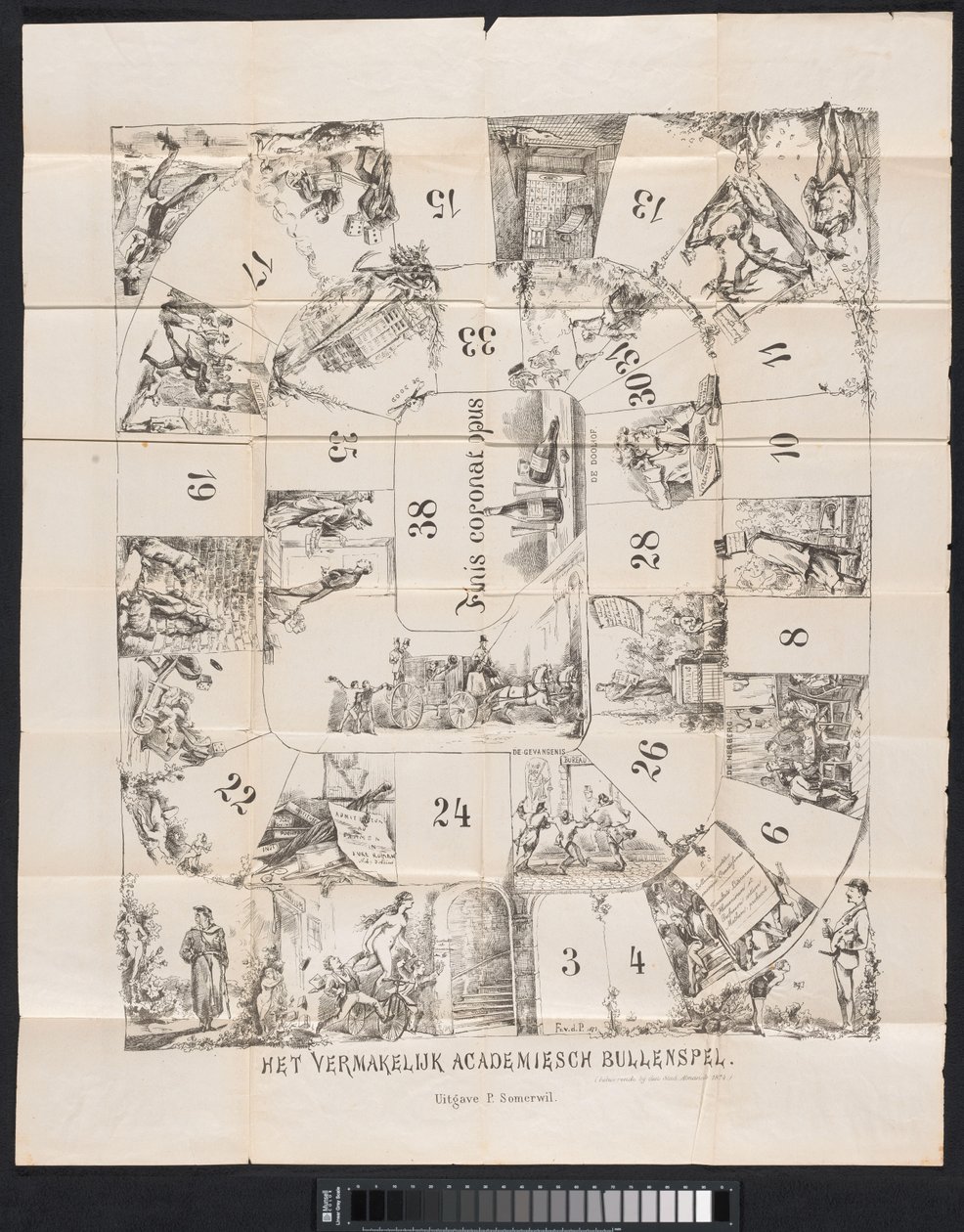 Tecknad i Leiden studentalmanacka, 1874 Det underhållande akademiska översittningsspelet (titel på objekt) av Fransen van de Putte