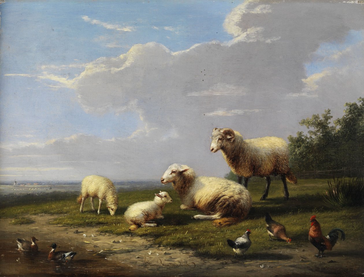 Weite Frühlingslandschaft mit Schafen, Hühnern und Enten av Franz van Severdonck