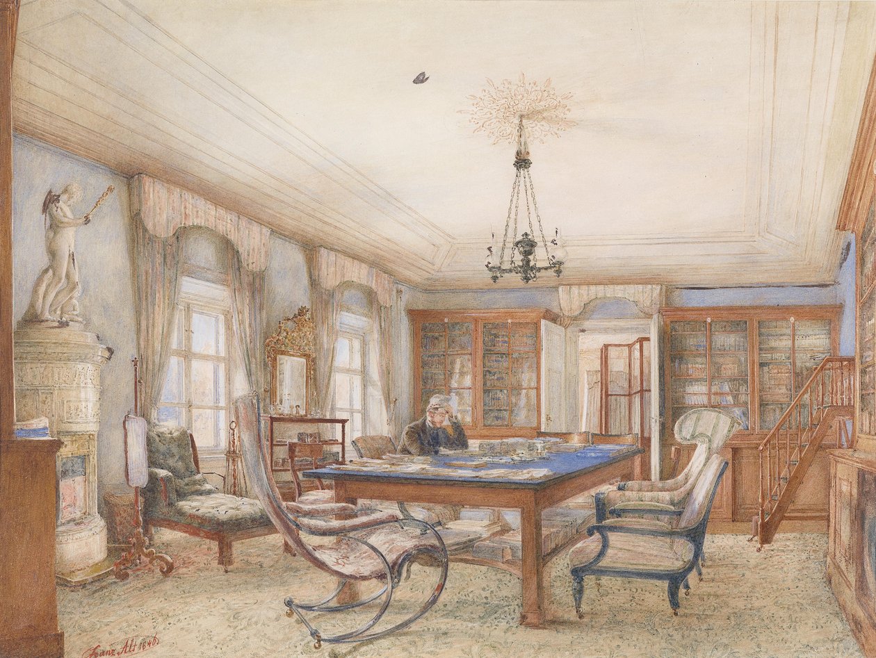 Biedermeier interiör med en man som sitter vid ett bord av Franz Alt