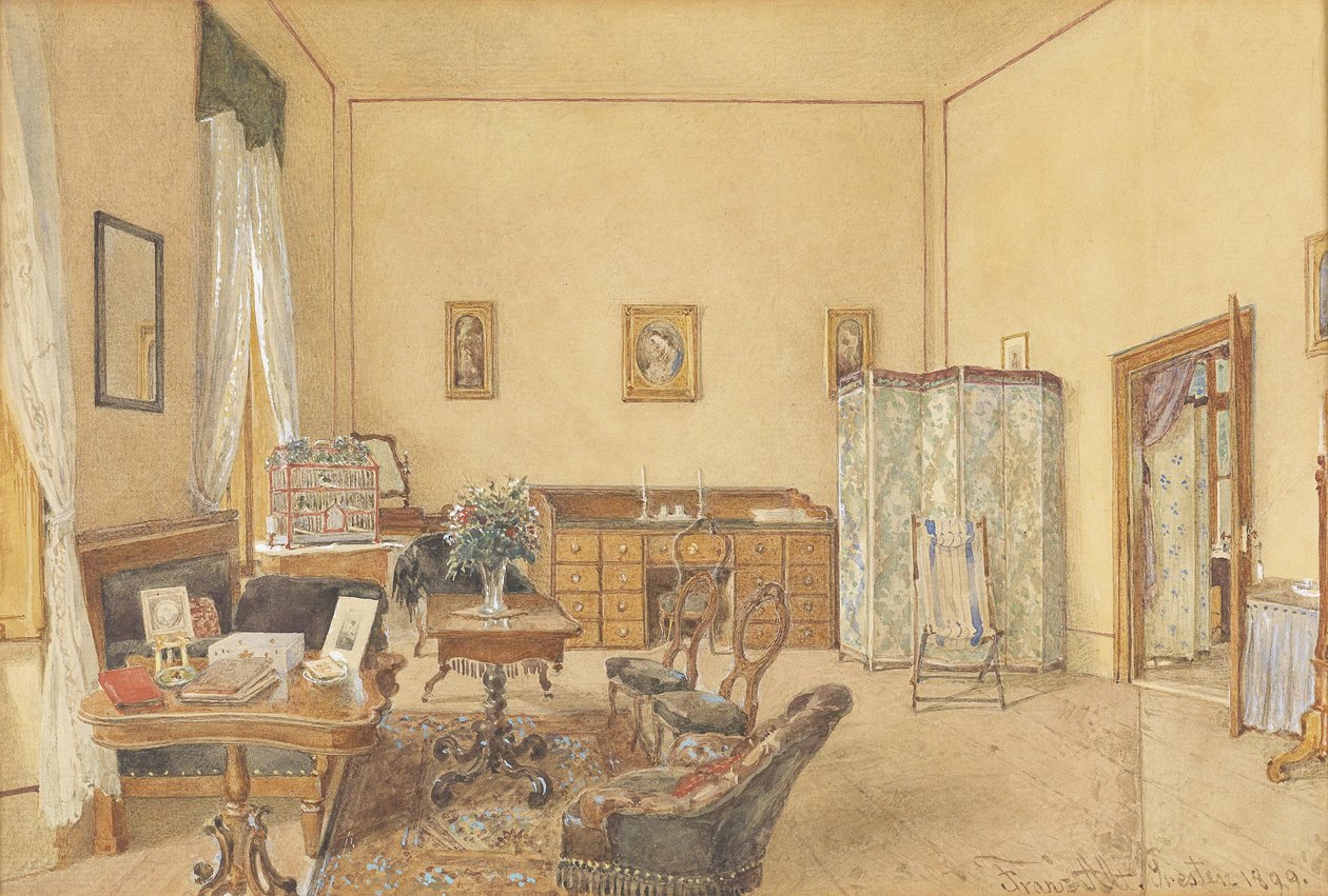 Interieur mit Vogelkafig und Strandstuhl av Franz Alt