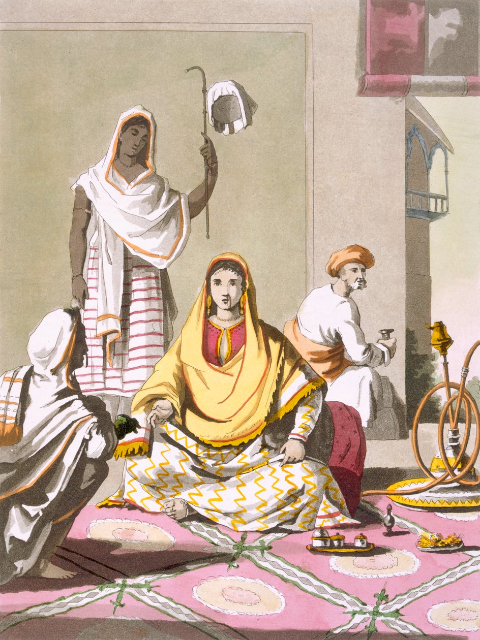 Indisk kvinna i finkläder, med gäster och tjänare, från "Costume dei..." av Giulio Ferrario, ca 1820-30-talen (färggravyr) av Franz Balthazar Solvyns