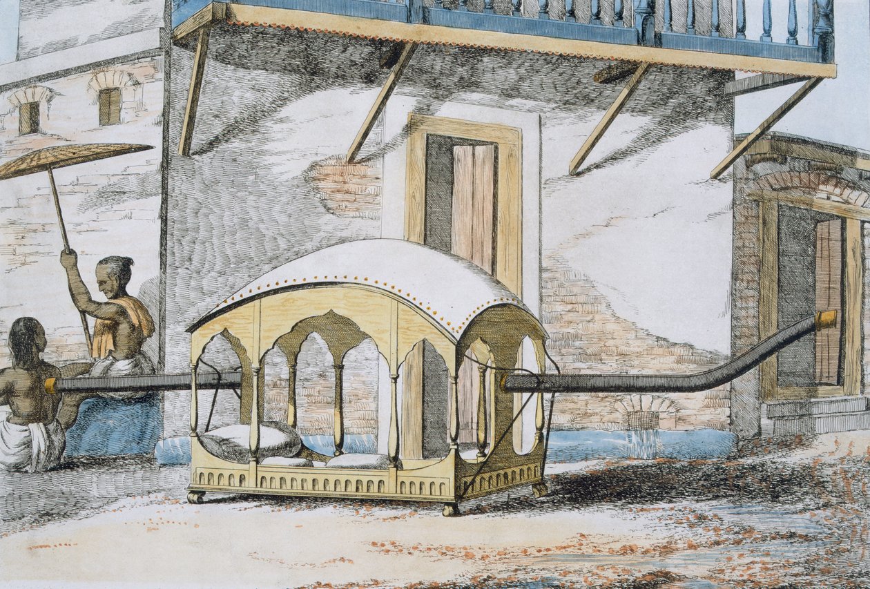 Majanah, eller täckt liggande palanquin, från "The Manners, Customs and Dresses of The Hindus", 1799 (färgad etsning). av Franz Balthazar Solvyns