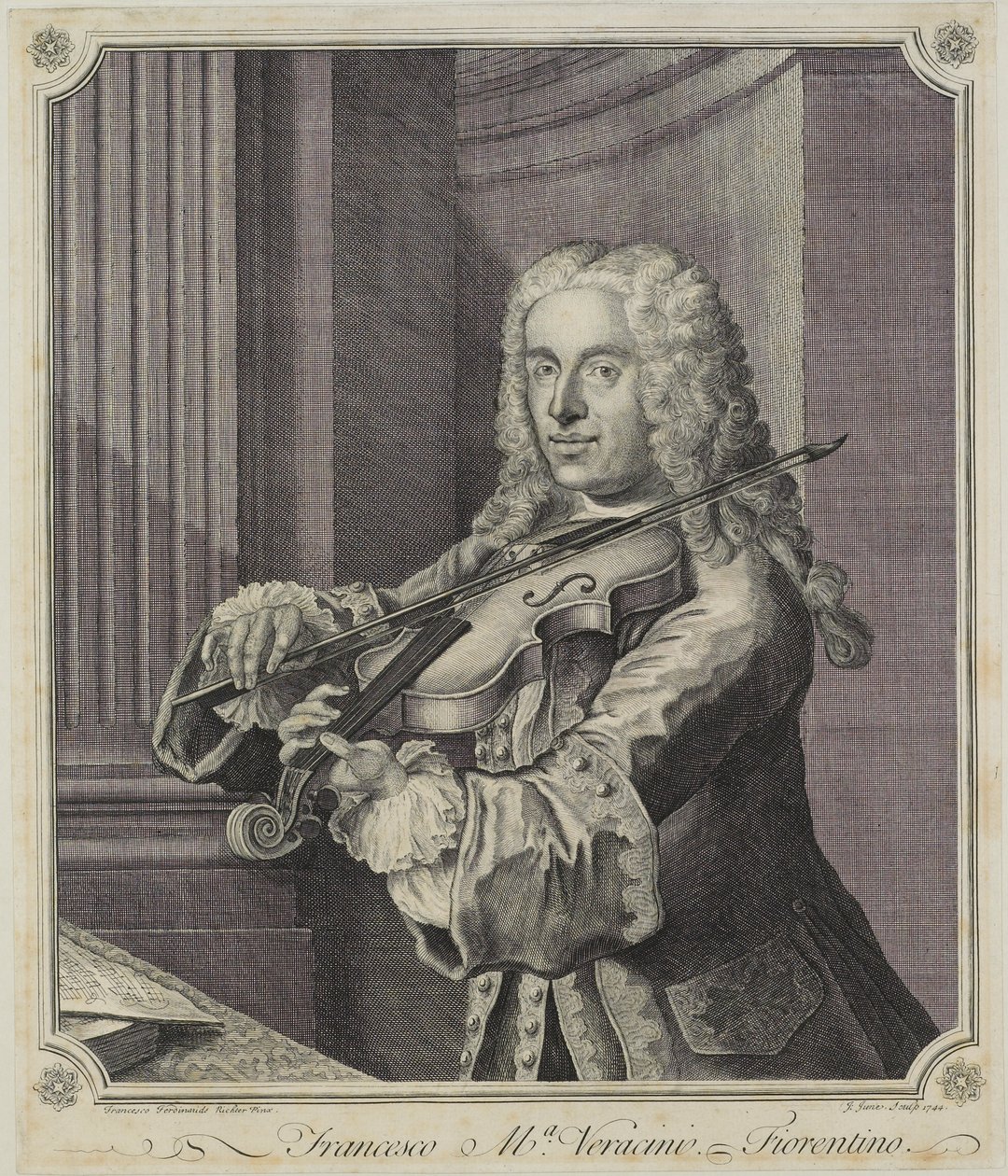 Francesco Ma Veracini, graverad av J. June (fl.c.1740-70), 1744 av Franz Ferdinand Richter