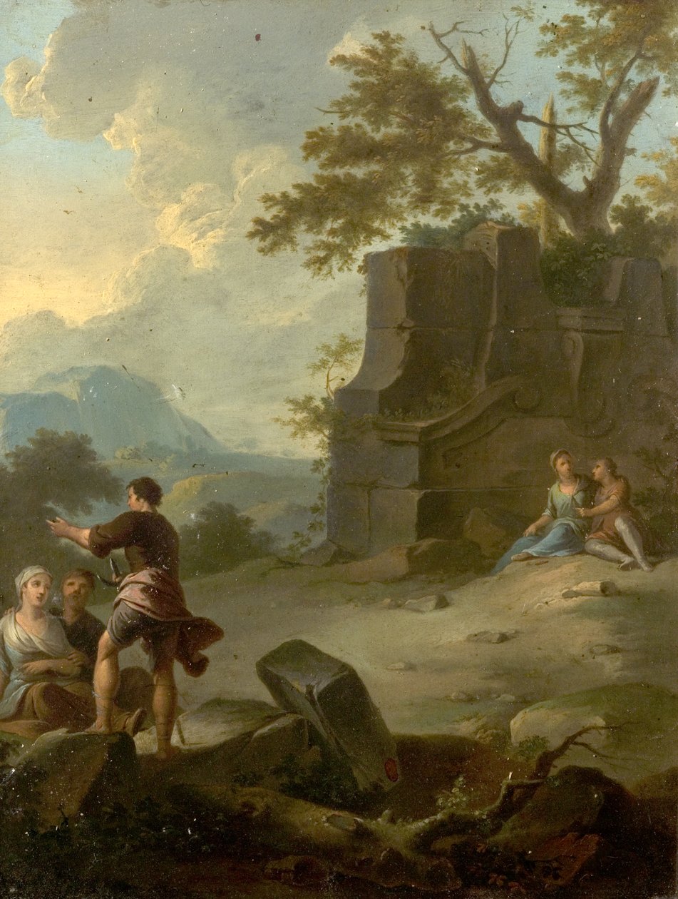 Landskap med figurer och ruiner (olja på metall) av Franz Ferg