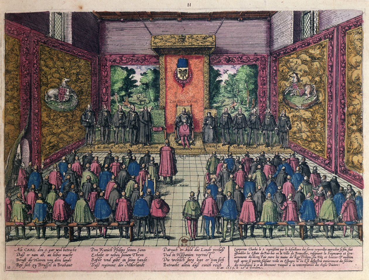 Kejsaren Karl V (1500-58) tillkännager avsägelsen av sin makt över Lågländerna till sin son och arvinge Filip II (1527-98) inför hovet i Bryssel den 25 oktober 1555 (färgad eng. av Franz Hogenberg