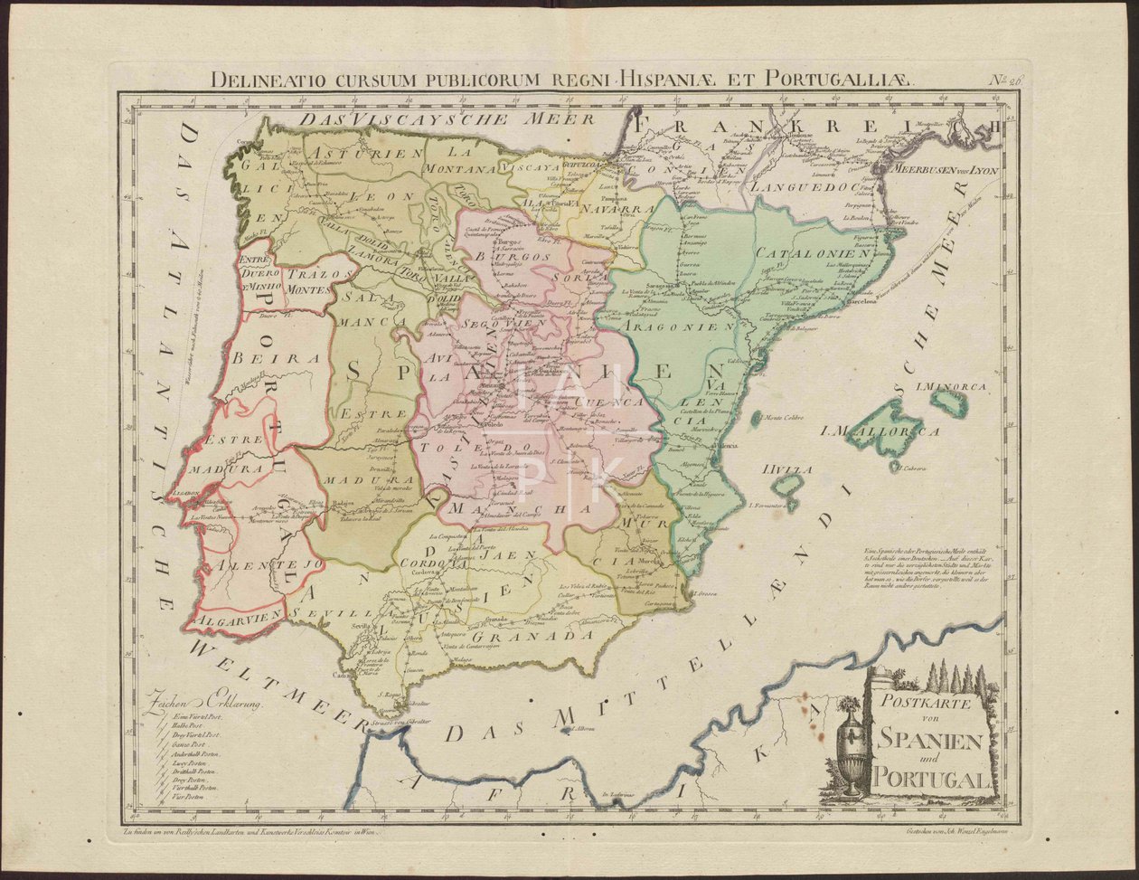 Postkarte von Spanien und Portugal. Delineatio Cursuum Publicorum Regni Hispaniae Et Portugalliae [ca. 1 av Franz Johann Joseph von Reilly  