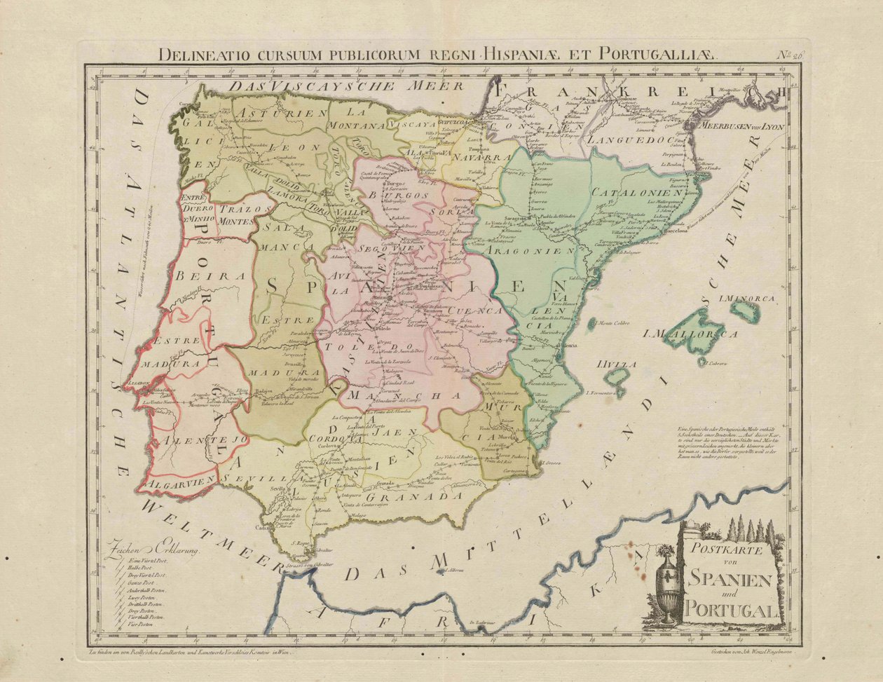 Postkarte von Spanien och Portugal. Avgränsning av de offentliga kurserna i kungariket Spanien och Portugal [ca. 1 av Franz Johann Joseph von Reilly