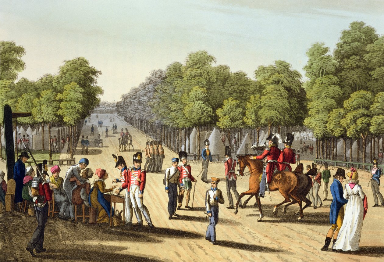 Den brittiska arméns läger i Bois de Boulogne, 1815, graverad av Matthew Dubourg (fl.1813-20) från "Historiska, militära och sjöanekdoter", pub. av Edward Orme (1774-c.1820) 1817 (akvatint) av Franz Joseph Manskirch