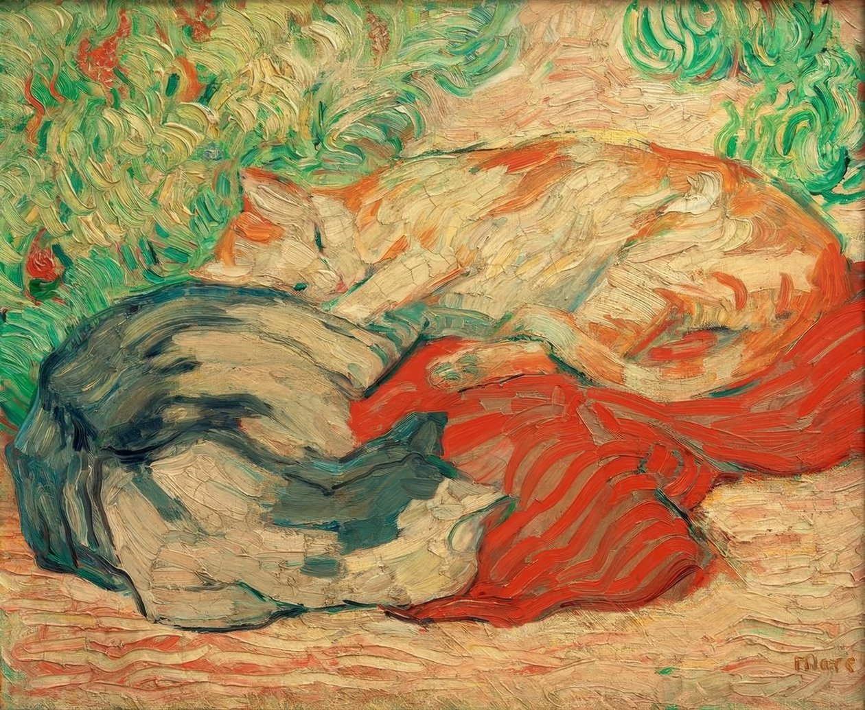 Katter på röd duk av Franz Marc