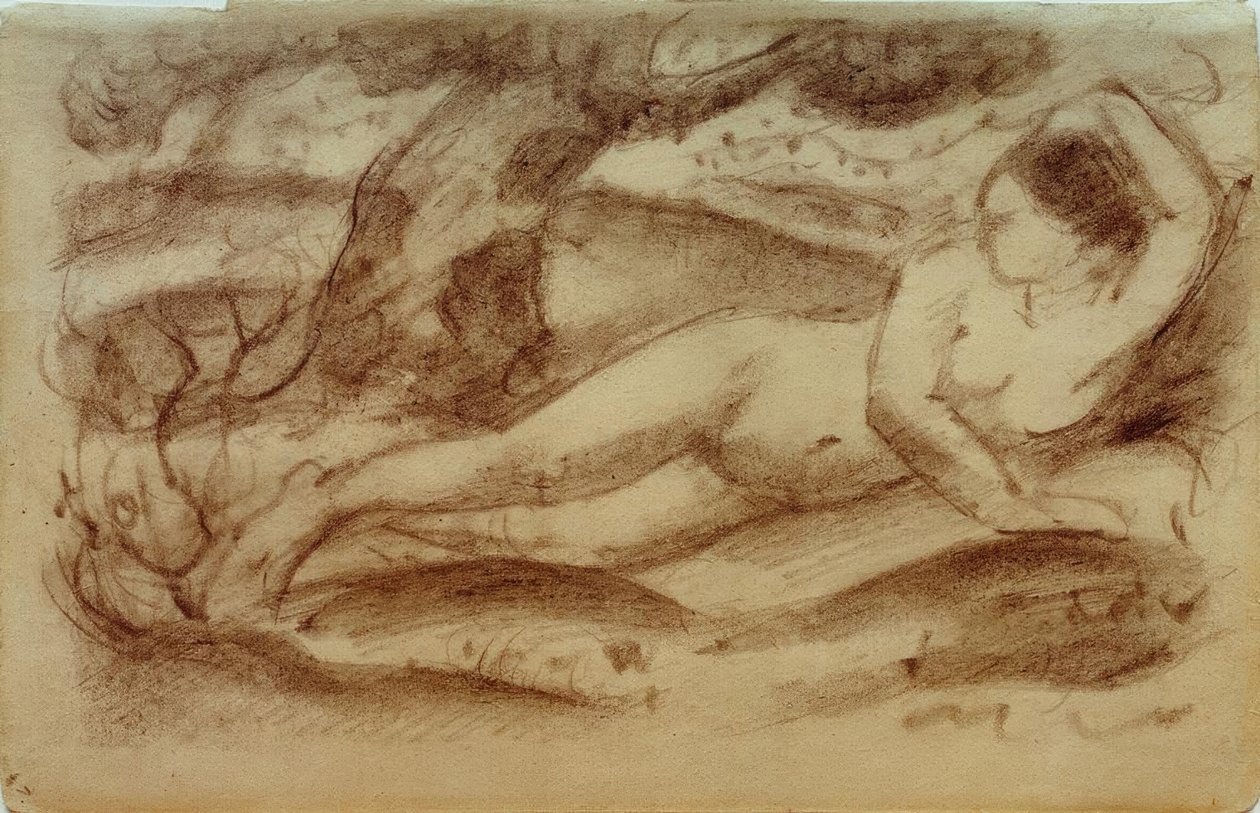 Liggande kvinnlig naken i landskap av Franz Marc