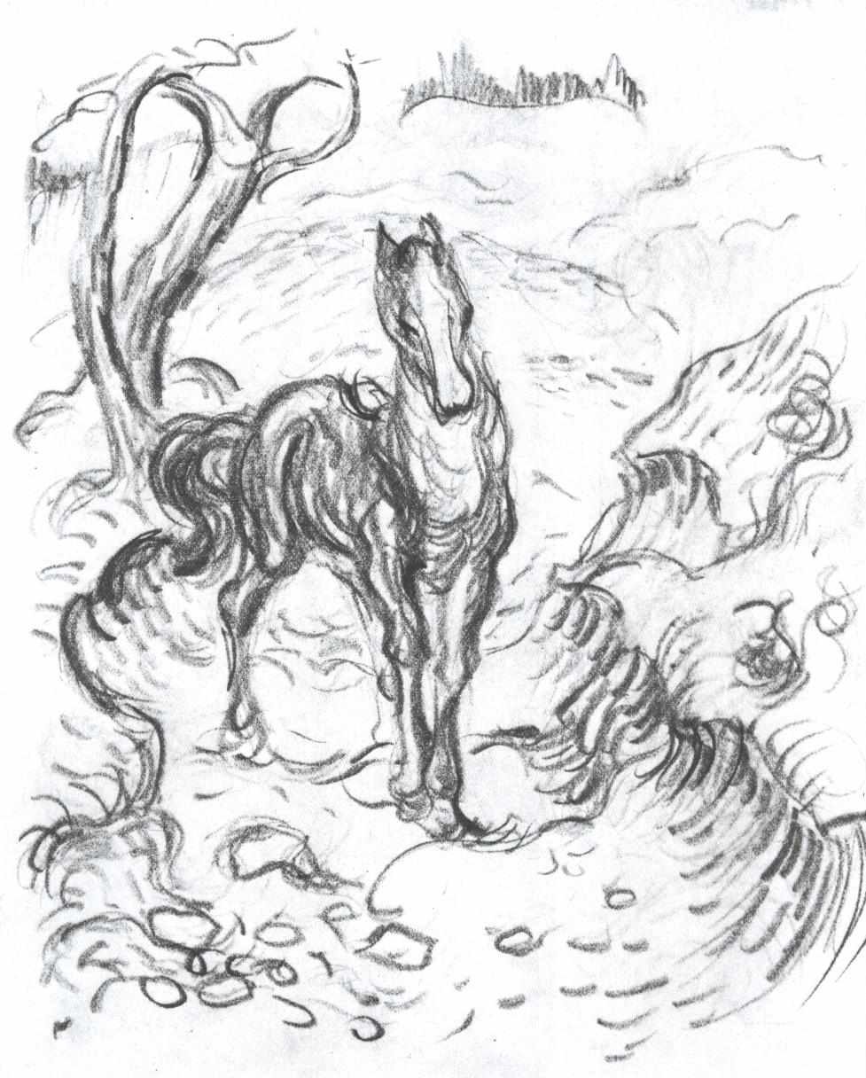 Pferd in Landschaft av Franz Marc