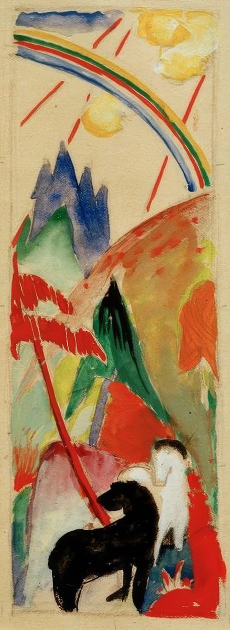 Svart och vit häst i bergslandskap med regn bo av Franz Marc