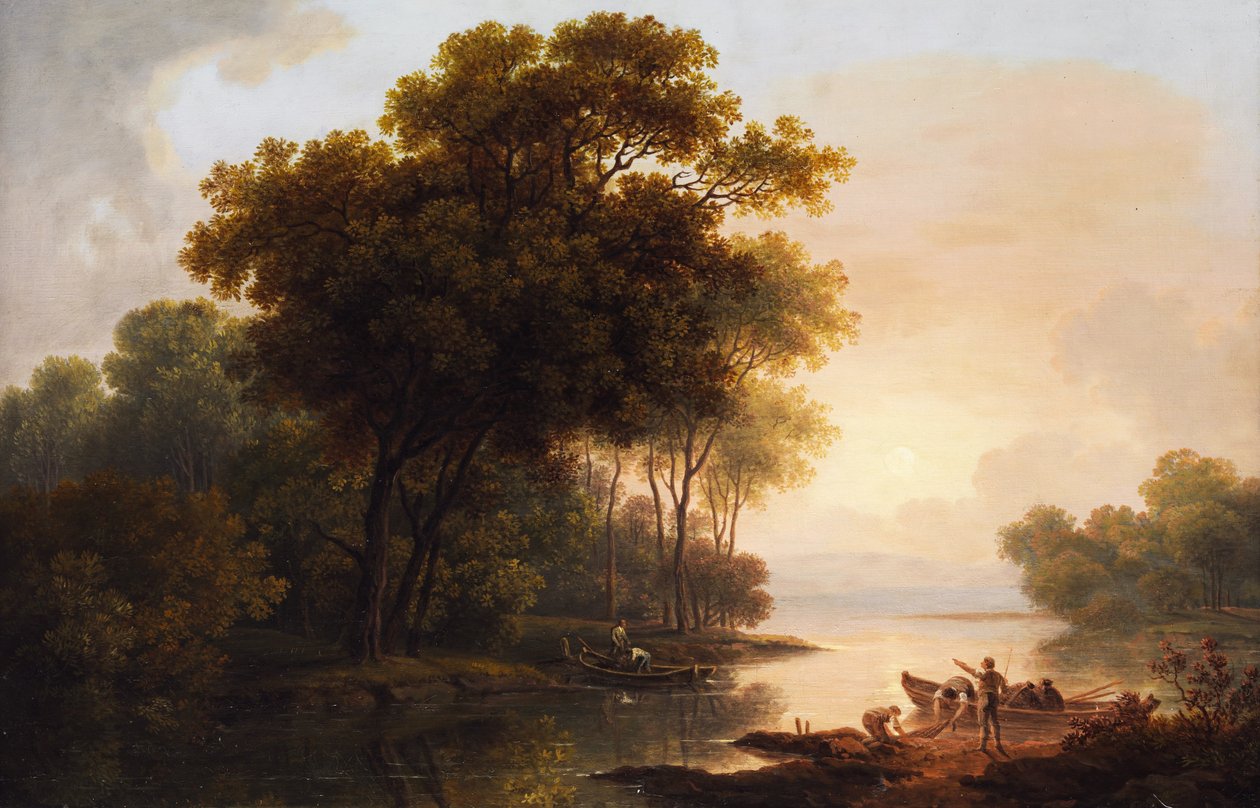 Baumlandschaft mit Blick auf ein Seeufer in diesigem Spätlicht av Franz Scheyerer