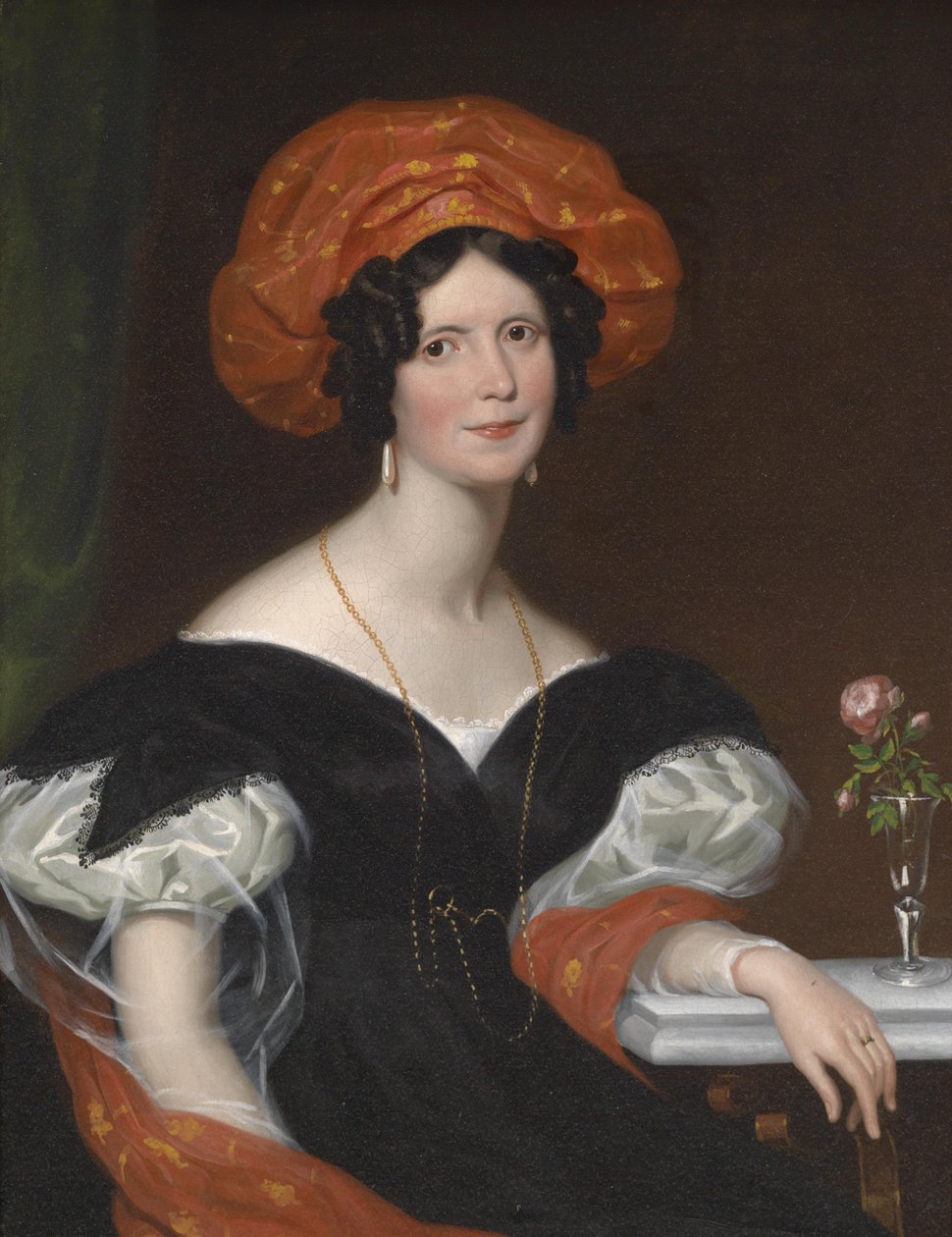 Bildnis einer sitzenden Dame mit rotem Schal und roter Kopfbedeckung av Franz Xaver Winterhalter