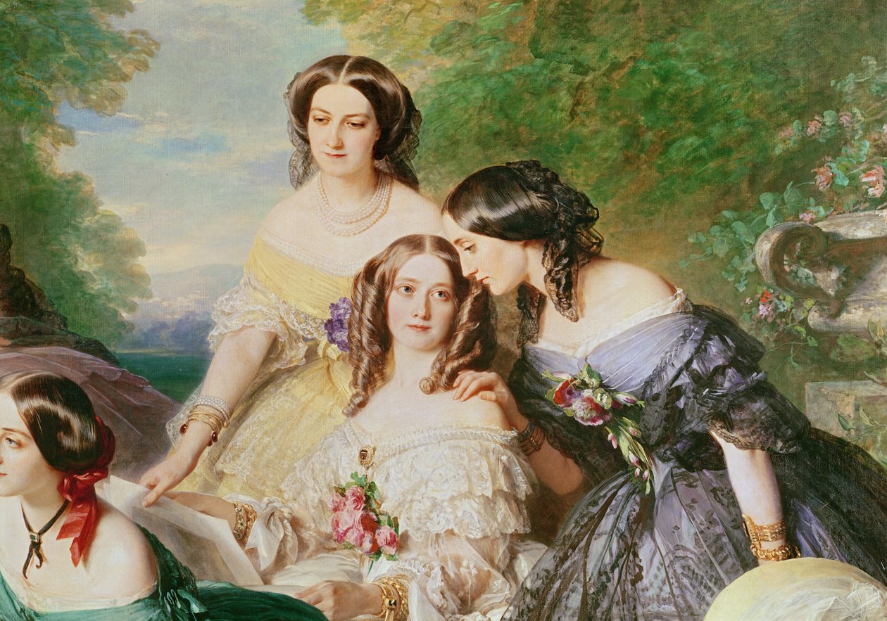 Kejsarinnan Eugenie 1826-1920 och hennes väntande damer, detalj av Baronne de Malaret, född Nathalie de Segur gul klänning, Marquise de las Marismas vita klänning & Marquise de La Tour Maubourg och Marqu av Franz Xaver Winterhalter