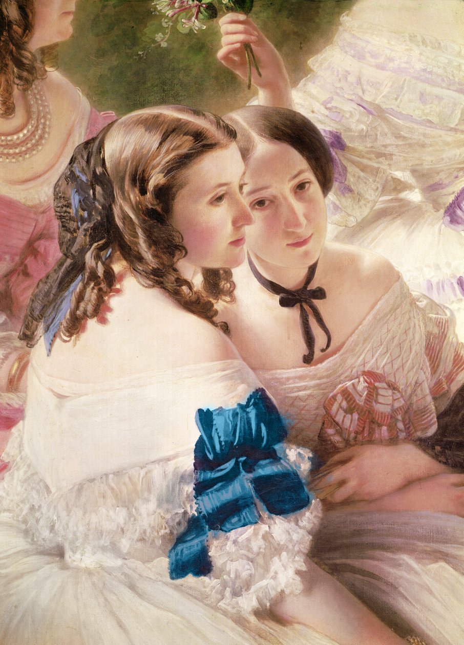 Kejsarinnan Eugénie omgiven av sina damer i väntande detalj av baronessan av Pierres, visgrevinnan av Lezay-Marnesia, 1855 olja på duk av Franz Xaver Winterhalter