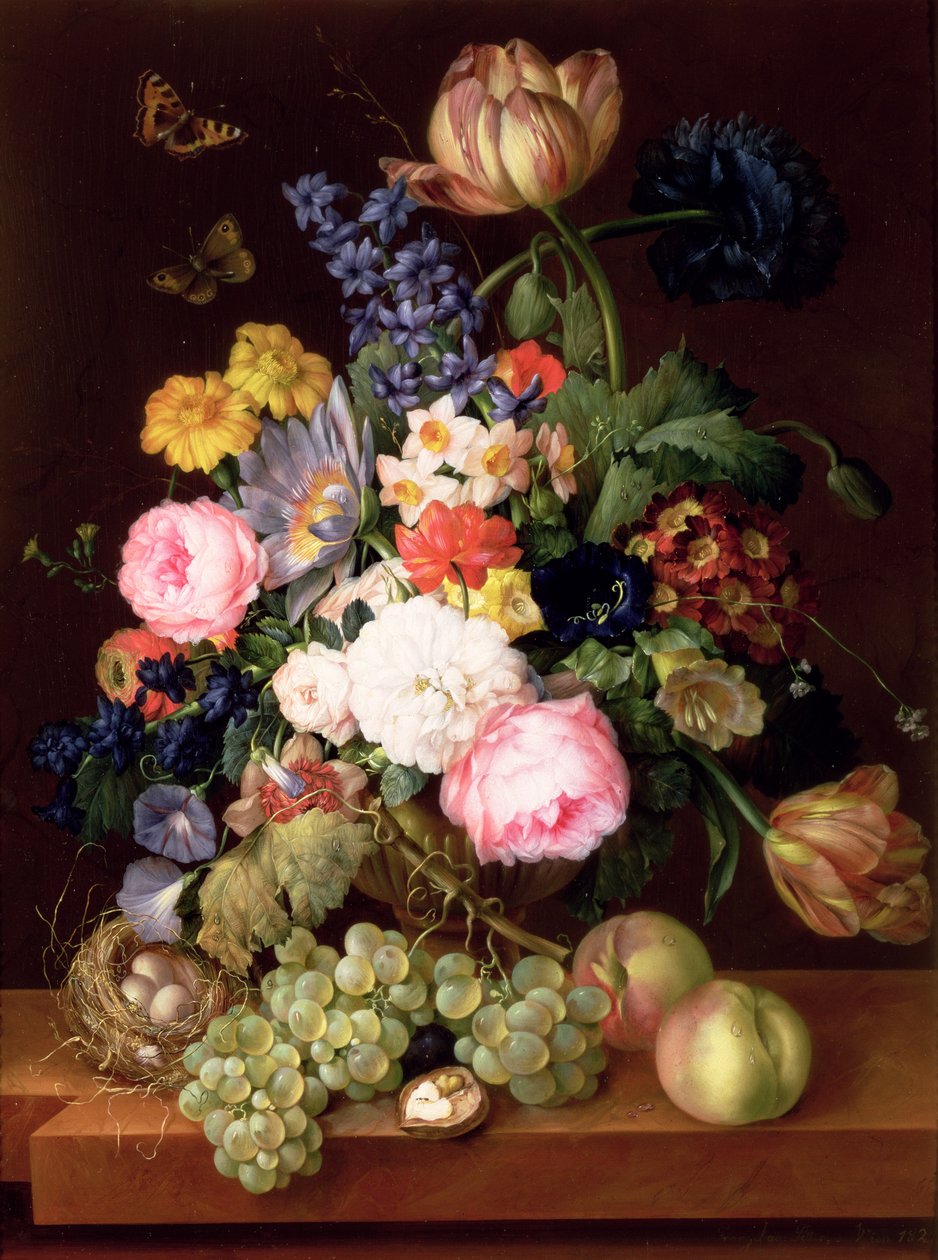 Blommor och frukter med fågelbo på en avsats, 1821 (panel) av Franz Xavier Petter