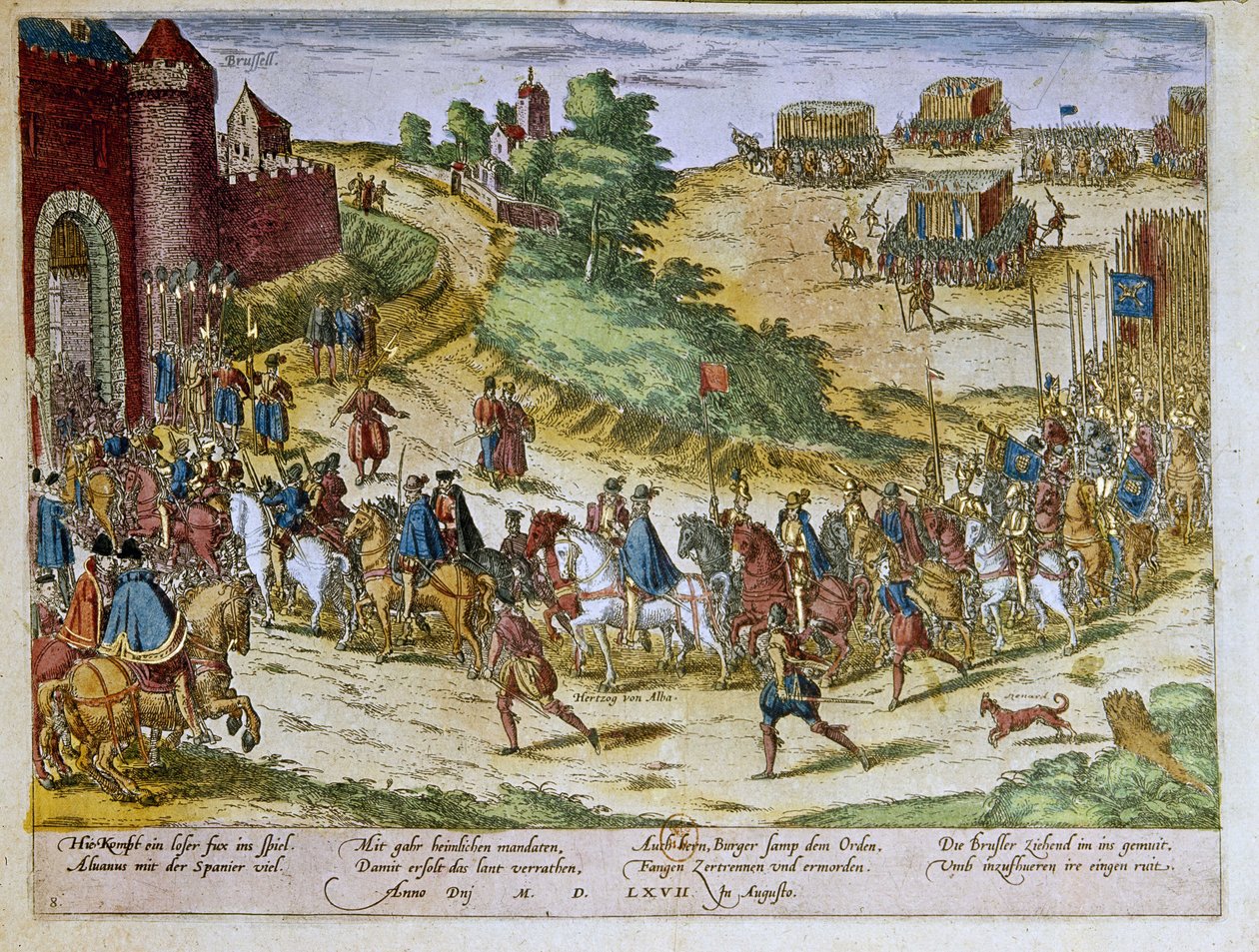 Inskrivning av hertig Ferdinand Alvarez av Toledo eller Fernando Alvarez de Toledo y Pimentel (1508-1582), 3:e hertig av Alba de Tormes, i Bryssel den 8 augusti 1567 med den spanska armén. 1653 Tryck av Franz Hogenberg (1535-1590) Cabinet of Prints, B.N.,  av Franz (after) Hogenberg