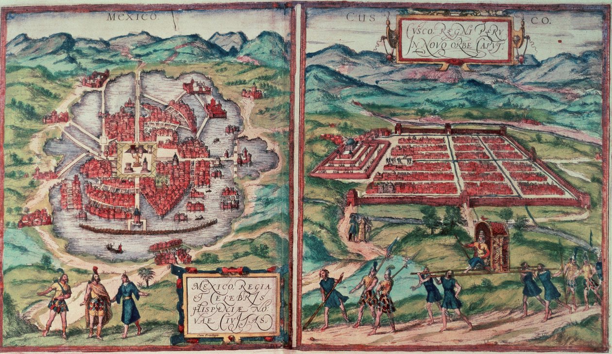 Planer över Mexico City, Mexiko och Cusco City, Peru, från Carl Nebels "Voyage Pittoresque" (färgad gravyr) (se 141102) av Franz (after) Hogenberg