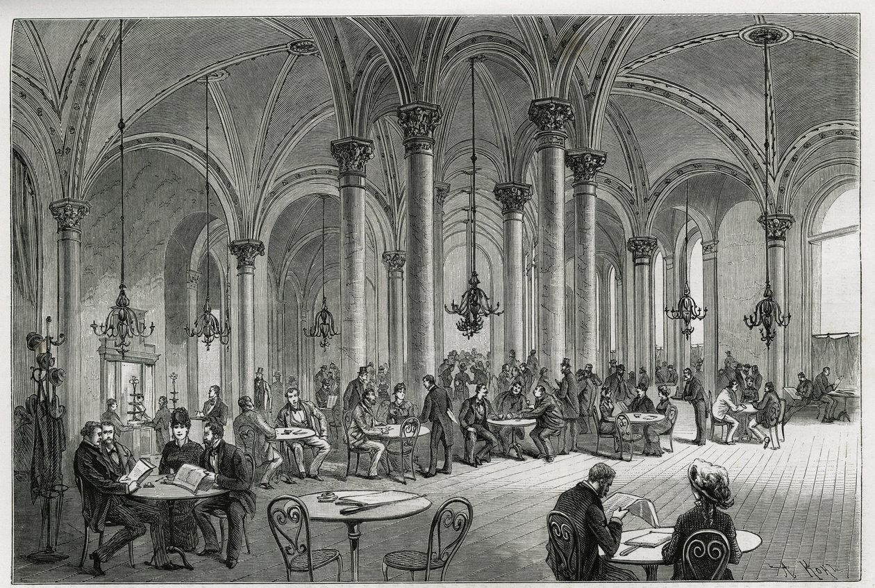 Centralkaféet i Wien (Österrike). Gravyr av Kollarz, för att illustrera historien om Wien och dess förorter, av M. Newlinski, 1881, publicerad i Tour du monde, under ledning av Edouard Charton (1807-1890) av Franz (after) Kollarz
