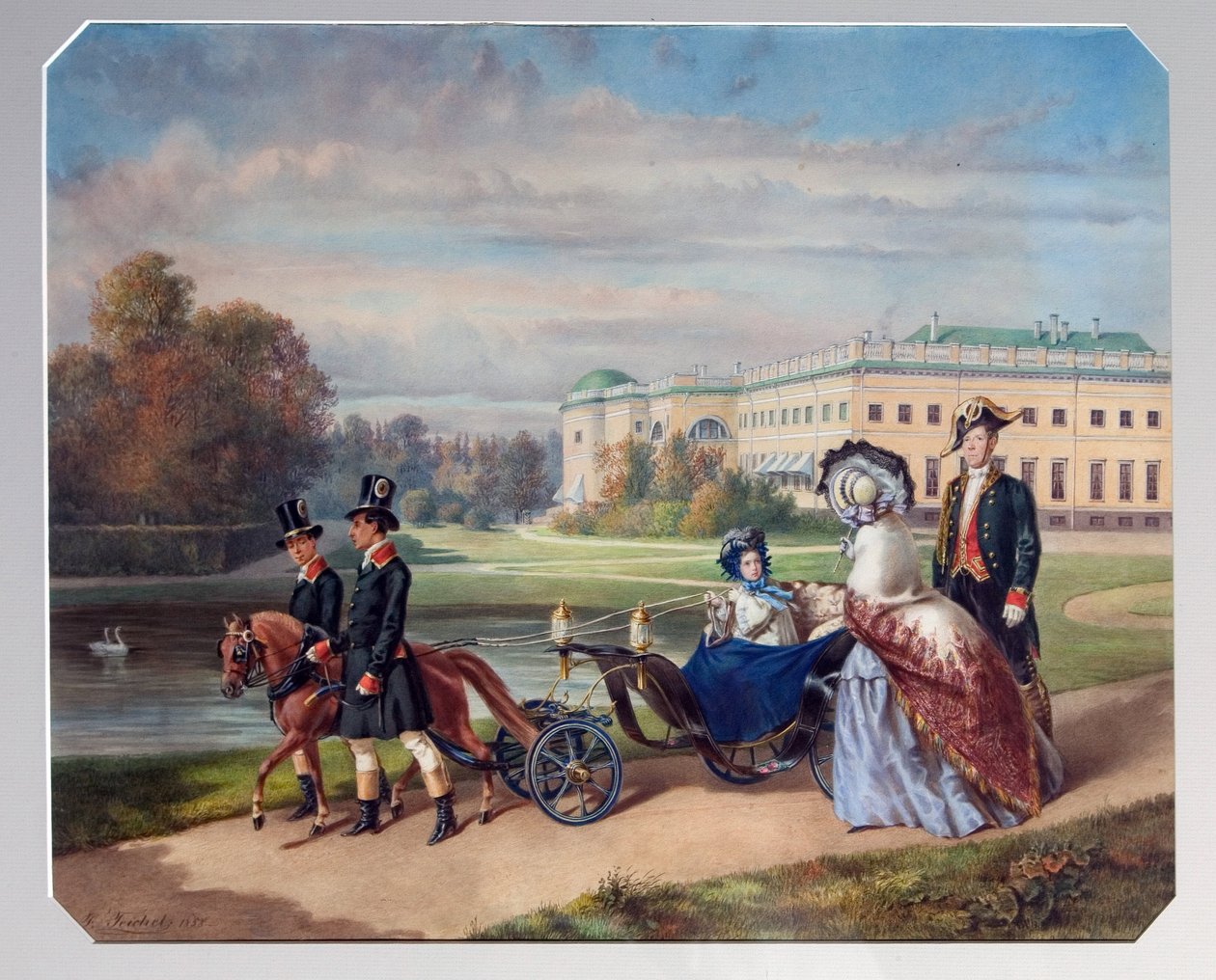 Storhertiginnan Maria Alexandrovnas strandpromenad av Ryssland (1853-1920). I ett litet team draget av en ponny går hon i parken Tsarkoye Selo, sommarresidens för den kejserliga familjen i Sankt Petersburg. Verk av Franz Teichel (1816 av Franz (after) Teichel