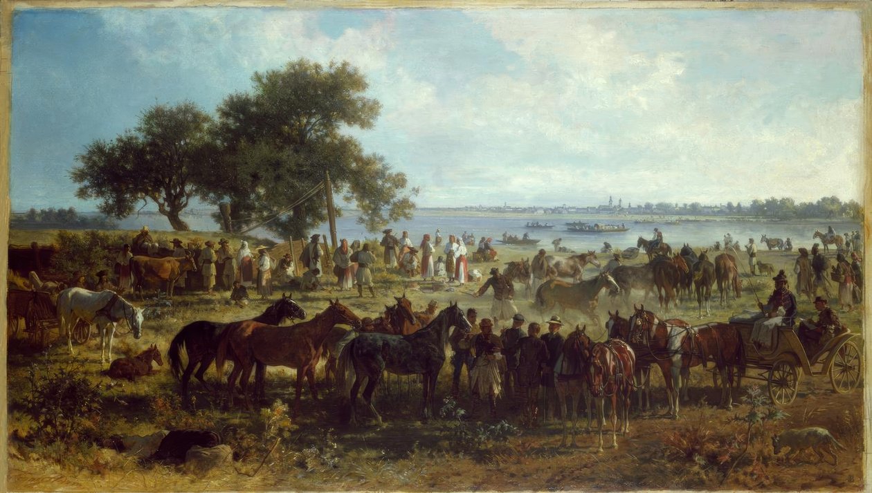 F. Adam, färja på stranden av Tisza av Franz Adam