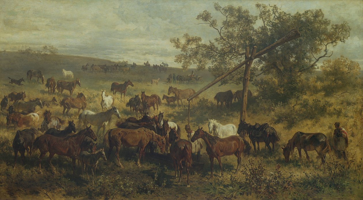 Hästar vid ett tråg, 1800-talet av Franz Adam