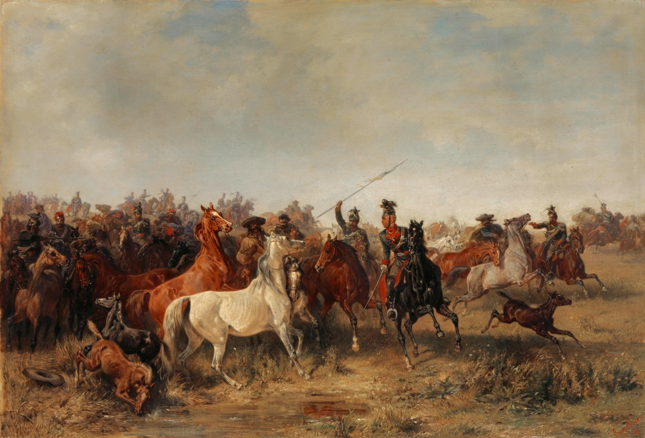 Uhlans stjäl hästar från Honved-Hussars, 1863 av Franz Adam